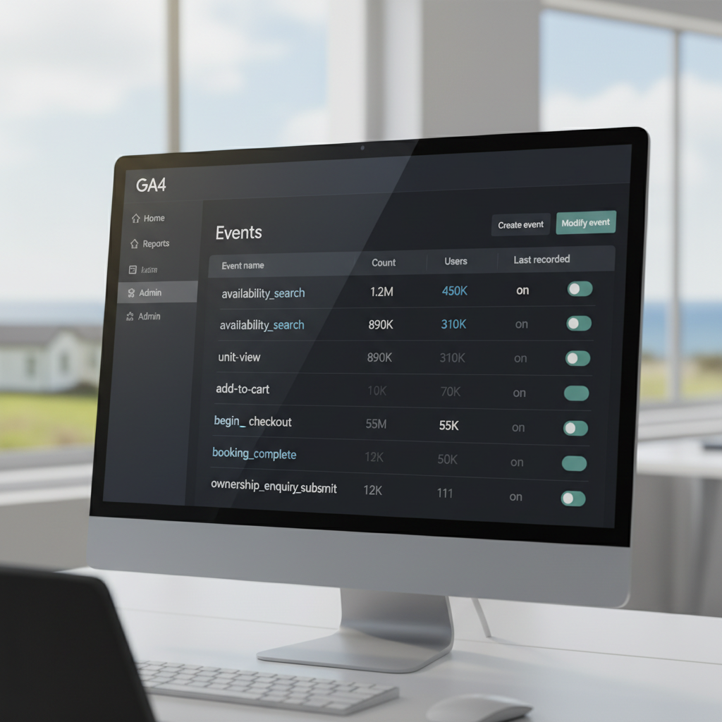 GA4 custom events configuration showing holiday park booking funnel events including availability search and booking complete