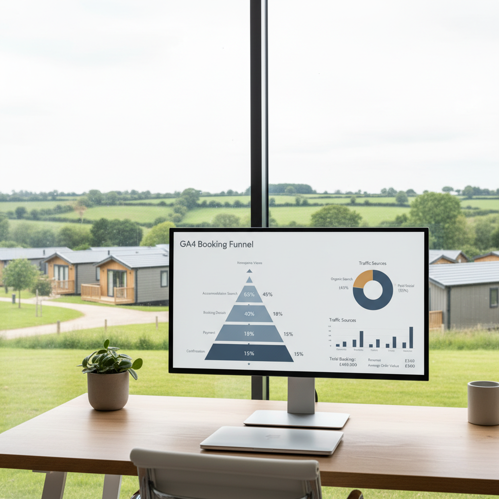 GA4 analytics dashboard showing holiday park booking funnel and conversion data on a desktop monitor in a park management office