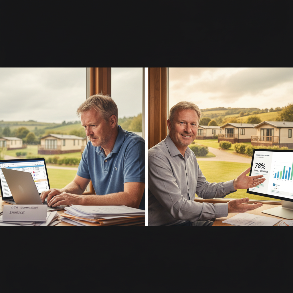 Holiday park operator comparing OTA commission costs against direct booking analytics dashboard