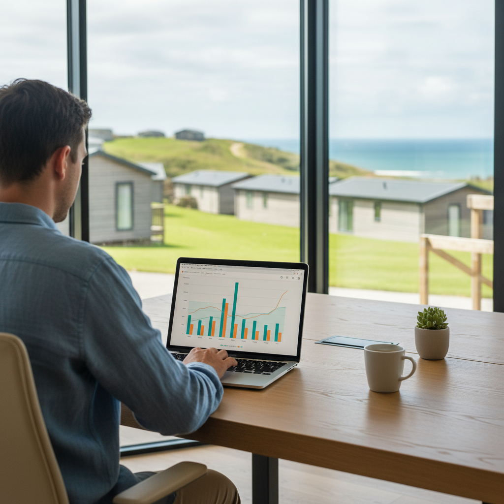 Holiday park operator reviewing Google Search Console performance data on a laptop in a bright park office
