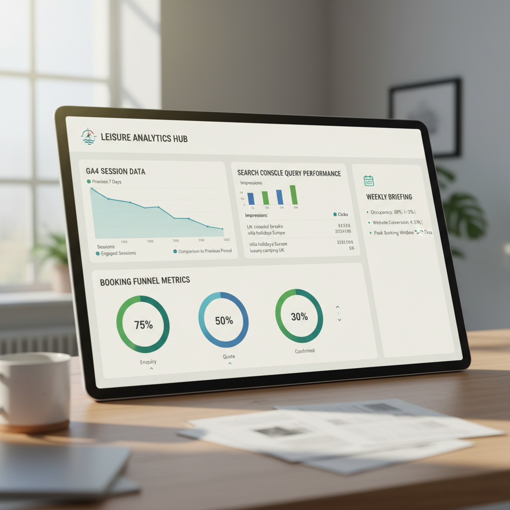 InsightOS-style analytics dashboard showing GA4 and Search Console data for a holiday park direct booking funnel
