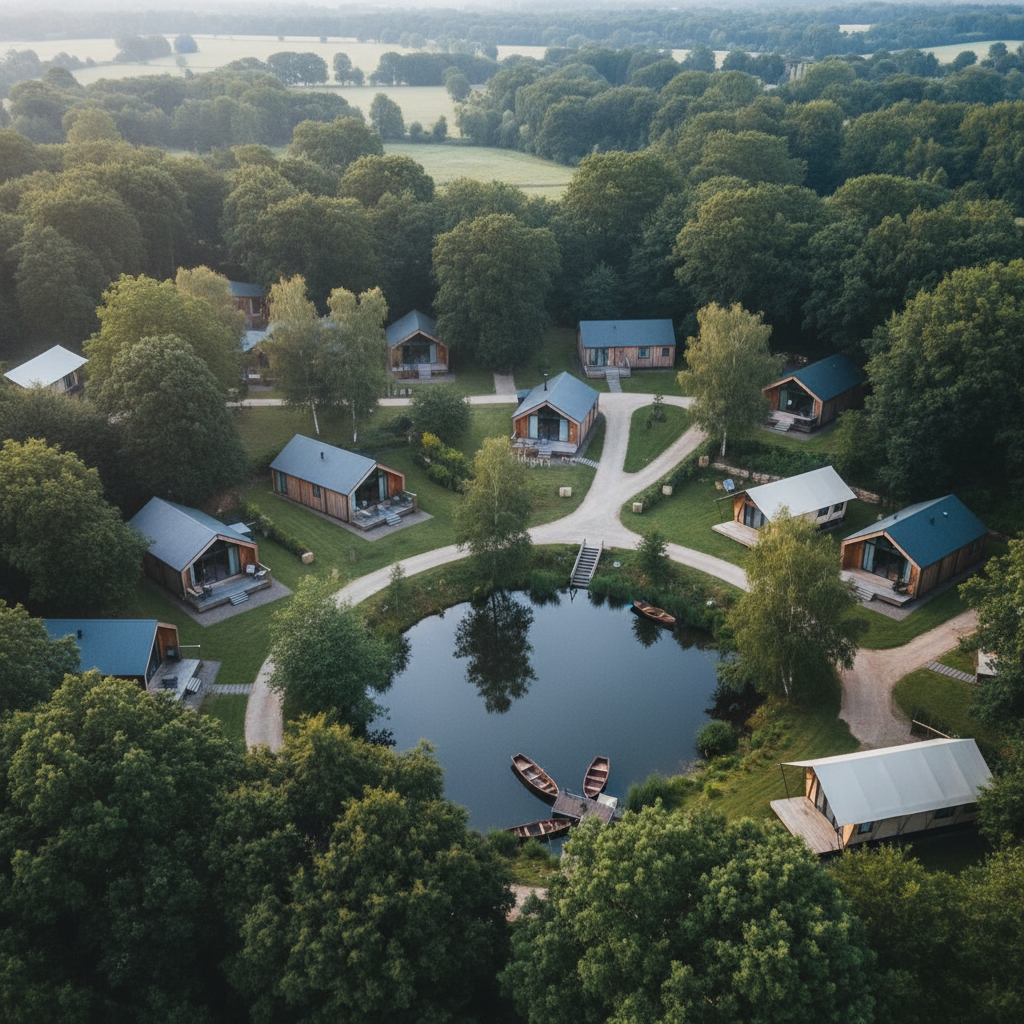 Aerial view of a UK holiday park with lodges and glamping pods showing the scale of a leisure property portfolio