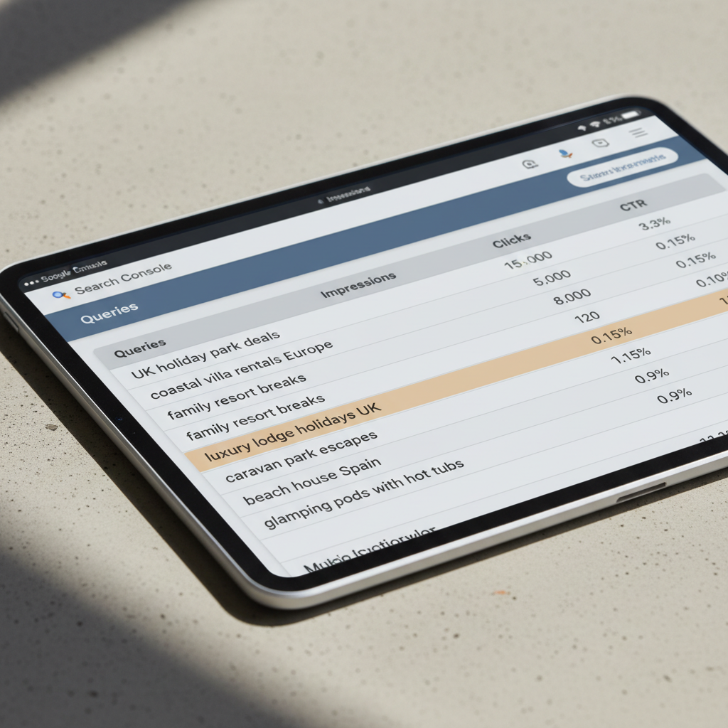 Google Search Console queries report showing click-through rate data for holiday park search terms