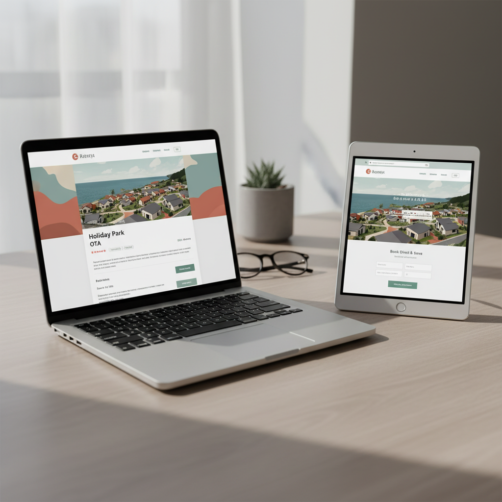 Side-by-side comparison of an OTA listing and a holiday park's direct booking website illustrating OTA dependency